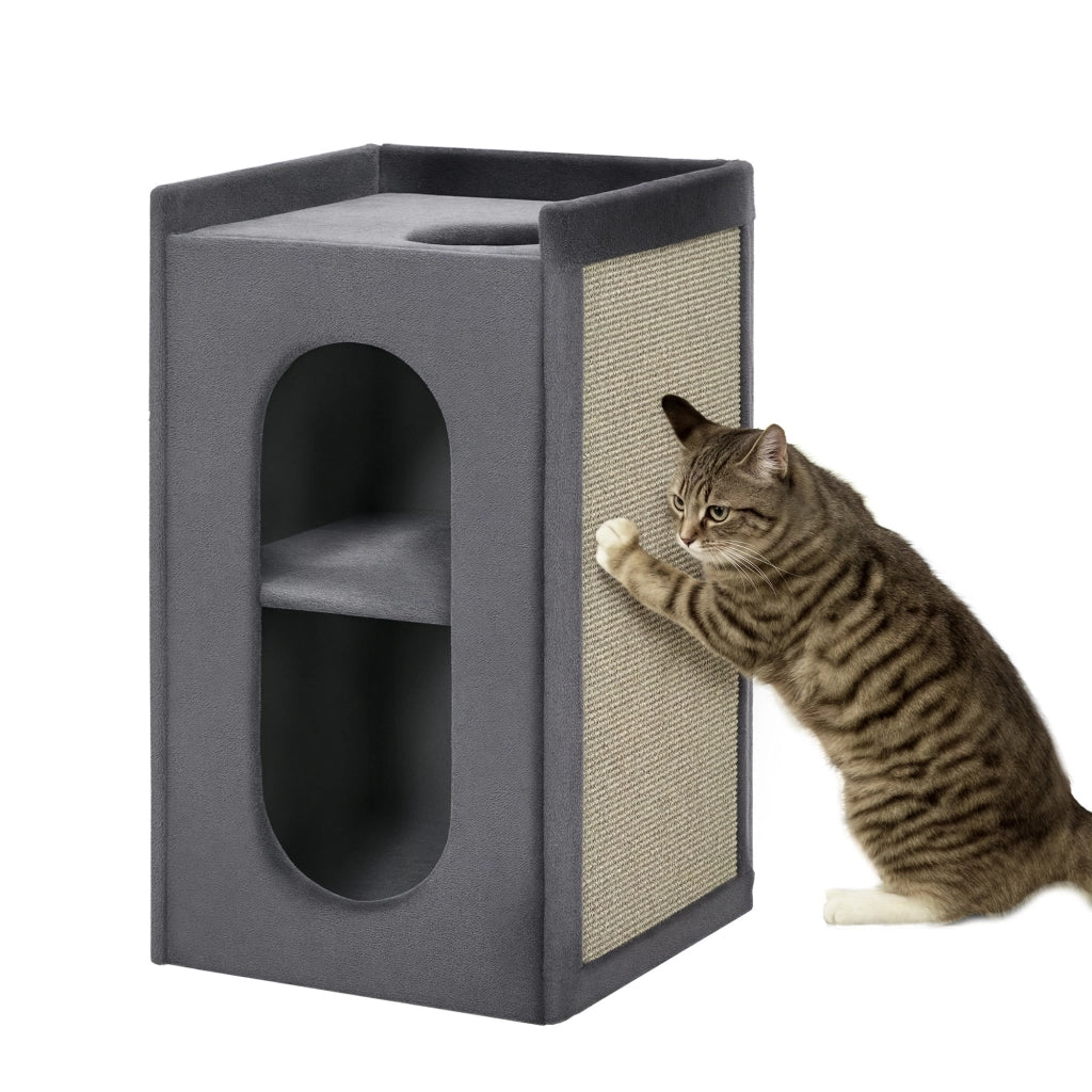 Tiragraffi a Torre con 2 Cucce per Gatti ¨C Xylo ¨C Sisal e Peluche Grigio Naturale