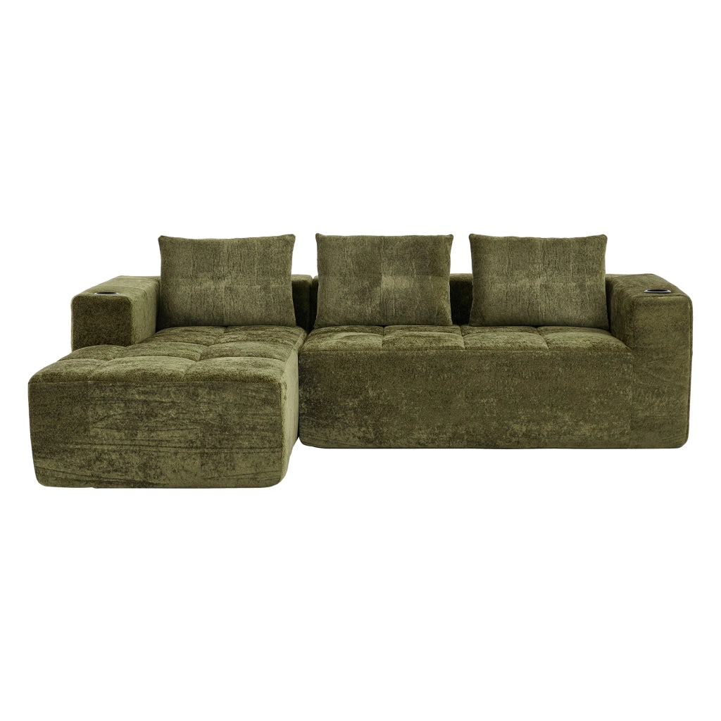 Divano angolare 4-5 posti con portabicchieri, Stile Moderno, in Chenille Verde
