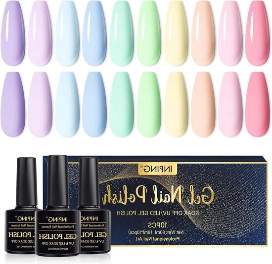 Set di Vernici Per Unghie a Gel 10 Pezzi Estate Primavera - Colori Pastello Rosso Blu Giallo Viola Grigio, Disegno di Artigianato per Unghie a Gel Regalo di Festa Estivo