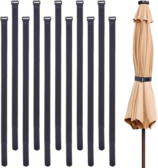 Set di 12 pezzi di cinture di parasole patio nero, riutilizzabili e regolabili, multifunzionali per esterni, stabilizzatore contro il vento.