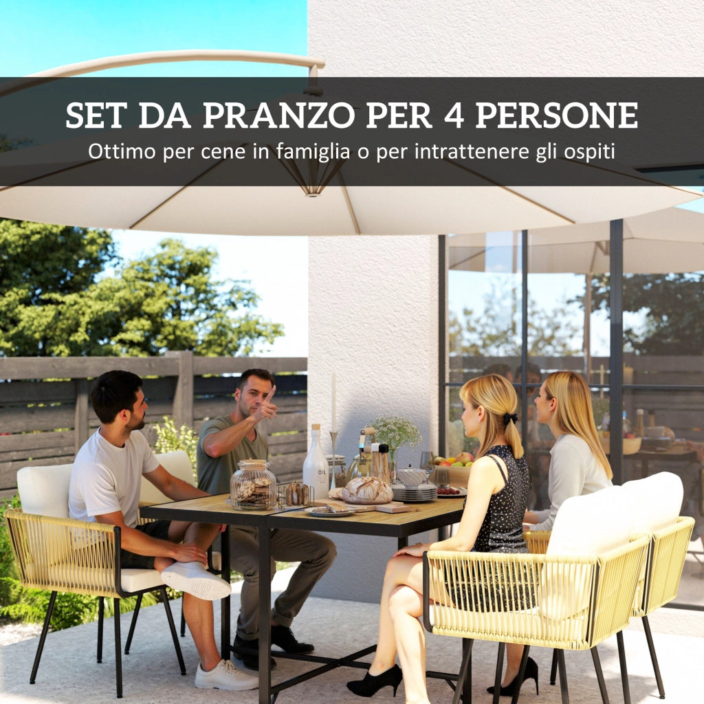 Set 5 Pezzi da Giardino con Tavolo 110x110x74 cm e 4 Sedie in Rattan PE e Legno Beige