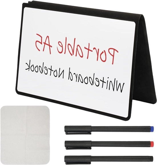 Mini whiteboard A5, 30x20 cm, trasportabile, lavabile, con 3 matite e 1 tovagliolo di whiteboard, scrittura a doppia faccia, per casa, ufficio, scuola (nero)