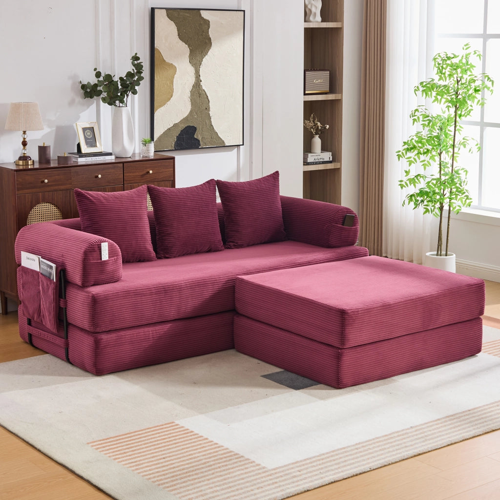 Divano modulare in corduroy con pouf e tasca laterale 200x190x67 cm; bordeaux vino