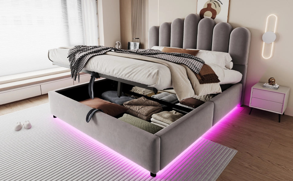 Letto imbottito 140x200 cm in velluto grigio con contenitore idraulico, LED e rete a doghe