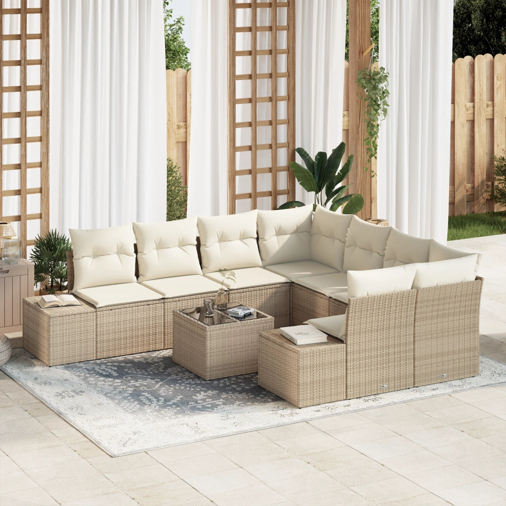 Set di Divani da Giardino da 9 Pezzi con Cuscini Beige in Rattan Poly