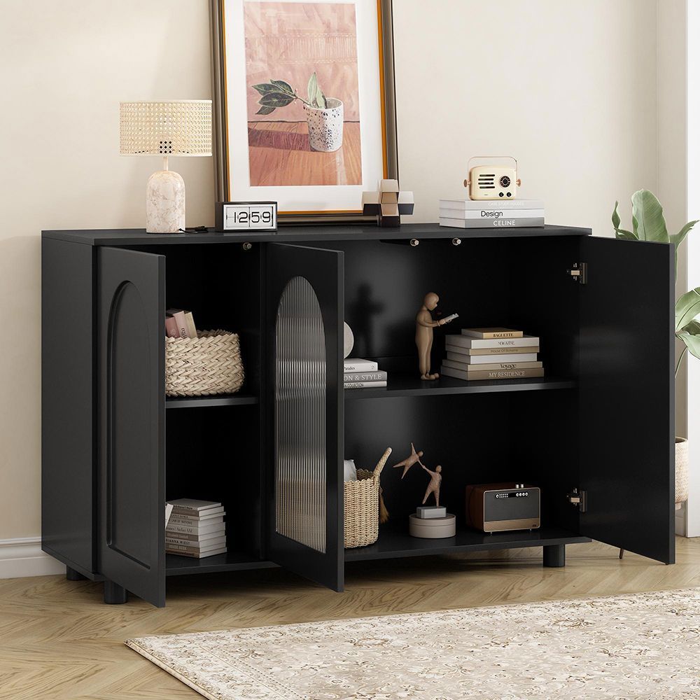 Buffet a forma di U - Xylo - Nero, porta in vetro, design rimbalzante
