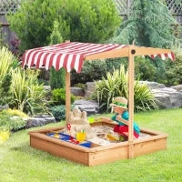 Sabbiera per Bambini in Legno con Tettuccio Regolabile, Sedute e Vaschette, 107.5x107.5x100 cm