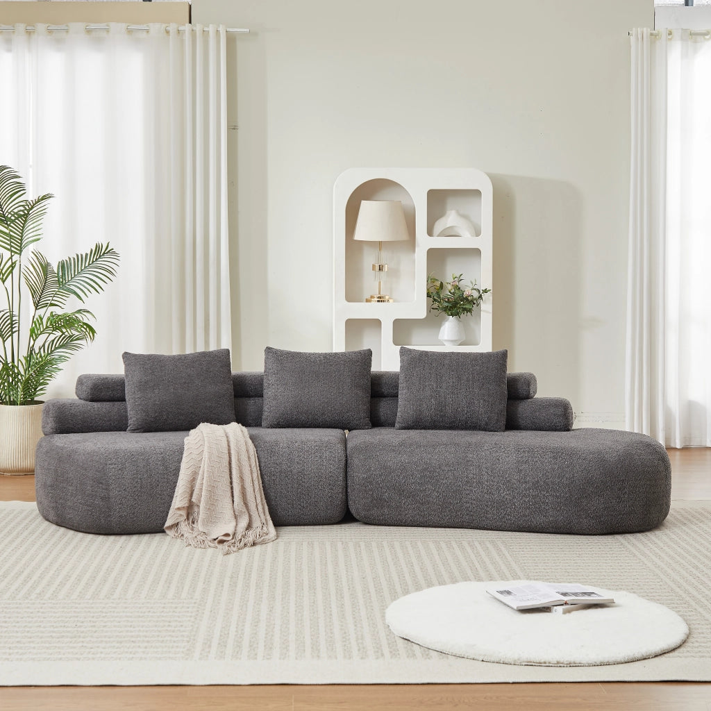 Divano modulare curvo a 3 posti in ciniglia grigio antracite; design arrotondato senza braccioli