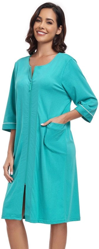 Vestaglia da bagno per donna con cintura, giacca leggera in cotone 100%, pigiami con maniche 3/4 e tasche (azzurro cielo, 2XL)