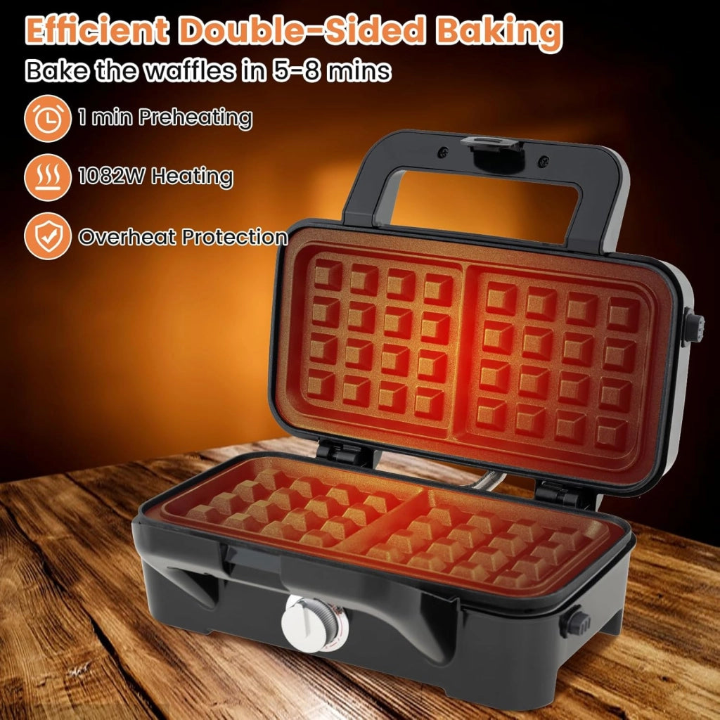 Tostapane 1200W, Piastra per Panini Sandwich Waffle 3 in 1, 5 Temperature Regolabili, Doppia Faccia, Piastra Grill Rimovibile e Lavabile, Protezione contro Surriscaldamento, Nero