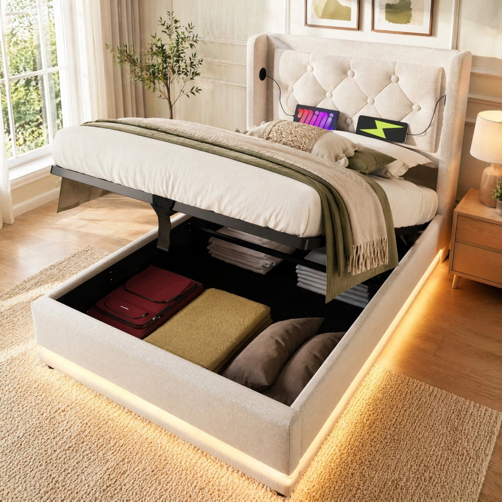 LETTO imbottito 90x200 cm beige in cotone con USB Tipo C, LED e contenitore