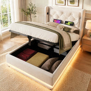 LETTO imbottito 90x200 cm beige in cotone con USB Tipo C, LED e contenitore