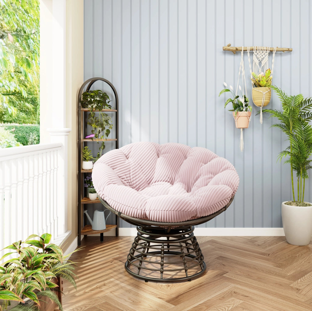 Sedia Papasan girevole 360° ?92x67 cm in acciaio e rattan PE; cuscino rosa