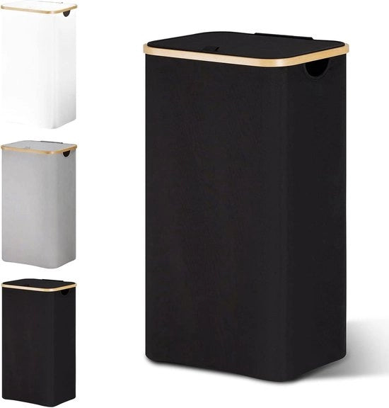 Cestino Lavanderia con Coperchio 85 Litri Raccoglitore Stretto con Sacchetto Lavanderia Pieghevole Legno Bambù Alto Nero