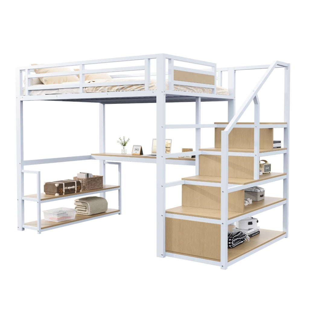 Letto a castello in metallo bianco con funzione contenitore e scrivania 140x200 cm