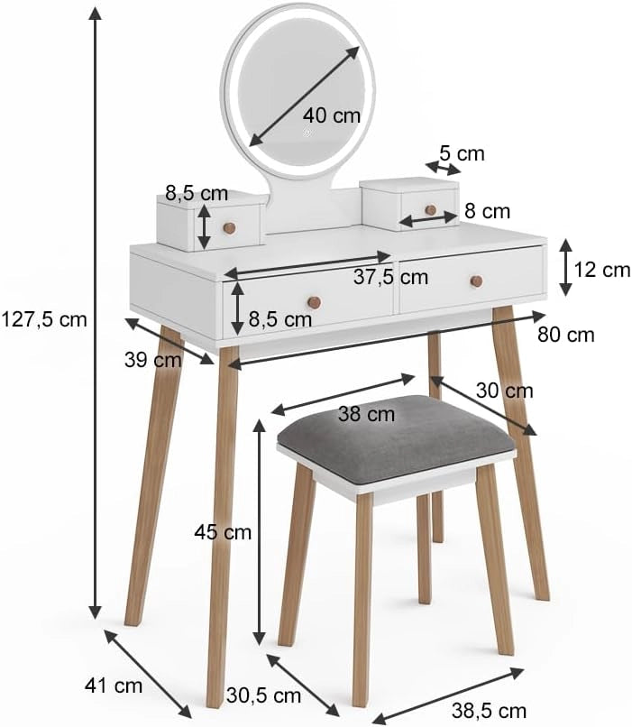 Tavolo da toeletta Finya, Bianco, 80 cm con specchio LED e sgabello, per la conservazione e l'organizzazione di articoli cosmetici