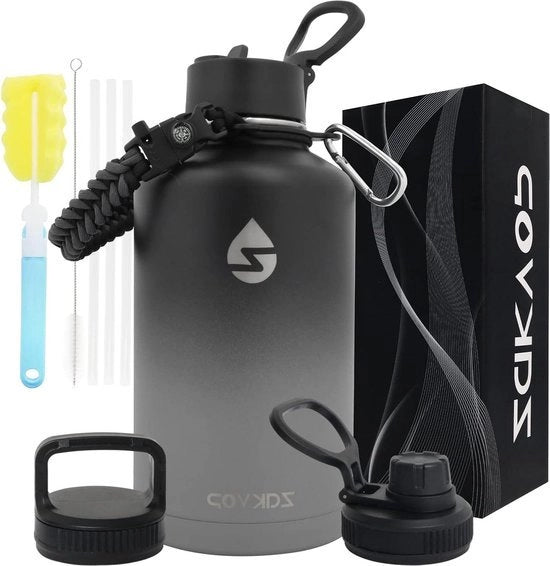 Ottima Fiaschetta Isolata - 2L con Set di Tappi e 3 Stopperi - Ossidiana Sportiva con Maniglia Paracord - Materiale per Palestra Escursioni Campeggio