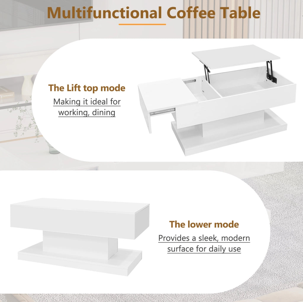 Tavolino da caffè elevabile con LED 100x50x45 cm; truciolare bianco lucido