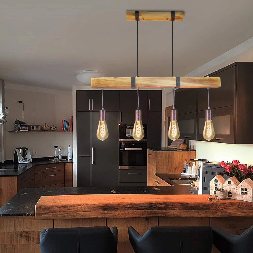 Lampada a sospensione ZMH retr¨° 4 lampadine E27 Diametro 80 cm con trave in legno Adatta per sala da pranzo e cucina