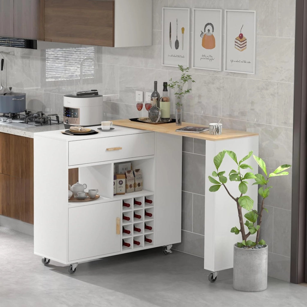 Carrello da cucina 2 in 1 con forma convertibile, isola di cucina, con ruote e spazio di archiviazione, cassetto, portabottiglie e ripiano regolabile, mobile per sala da pranzo (bianco)