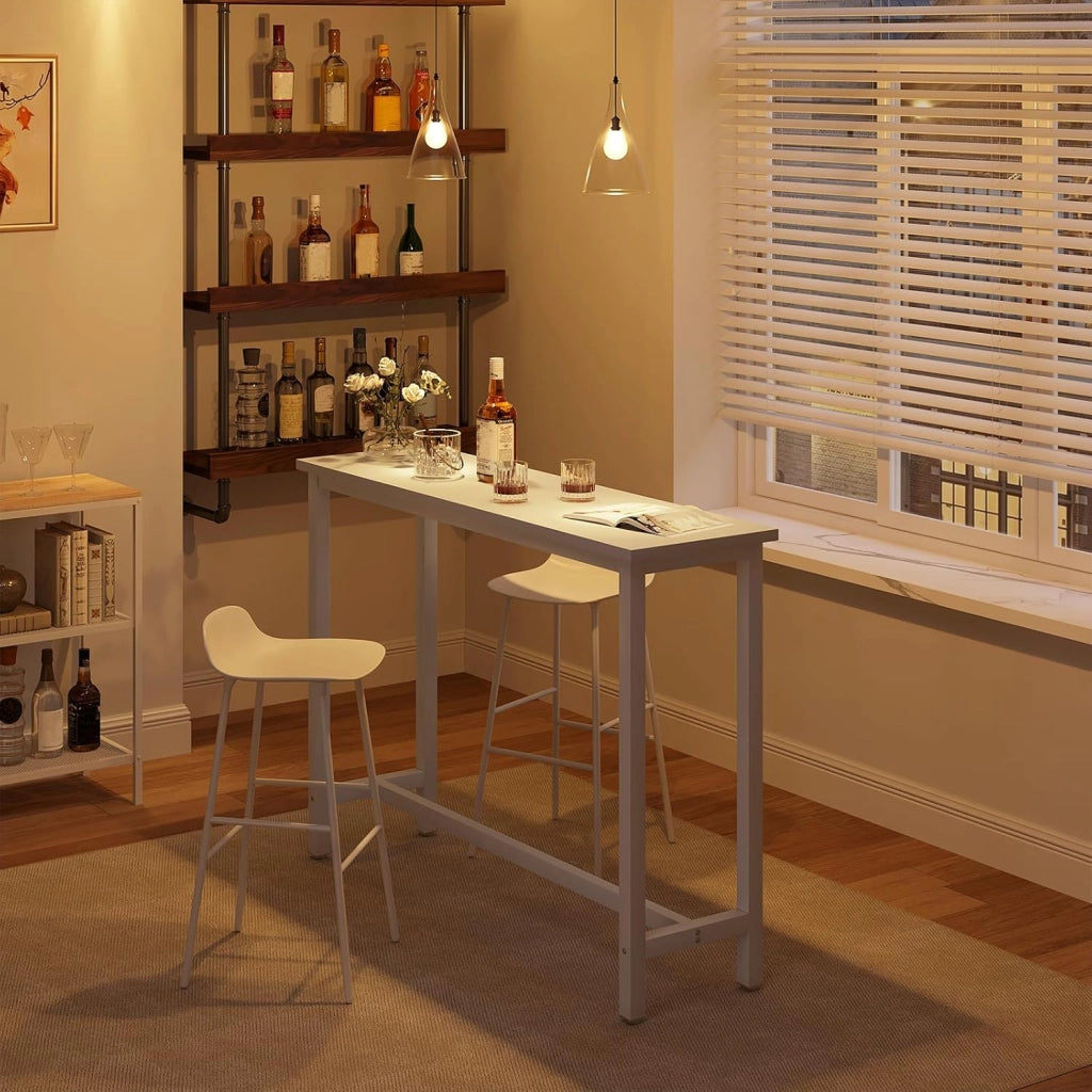 Tavolo Alto con 2 Sgabelli, Set Pranzo per Cucina, Sala da Pranzo, Isola da Cucina, Sgabelli Rotondi, Struttura in Metallo, Design Industriale, Bianco