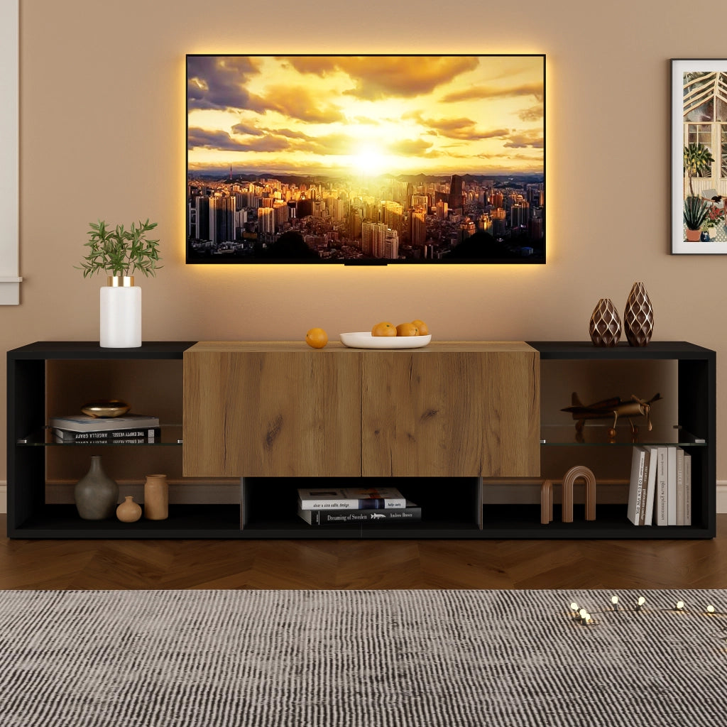 Mobile porta TV con LED e 2 cassetti, 5 vani aperti, per soggiorno, in truciolare, nero e naturale, 160 × 40 × 42 cm