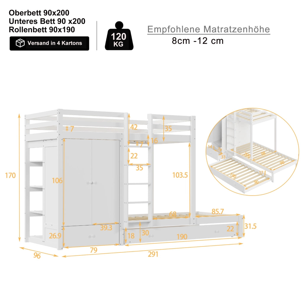 LETTO A CASTELLO con letto estraibile 90x200 cm legno bianco