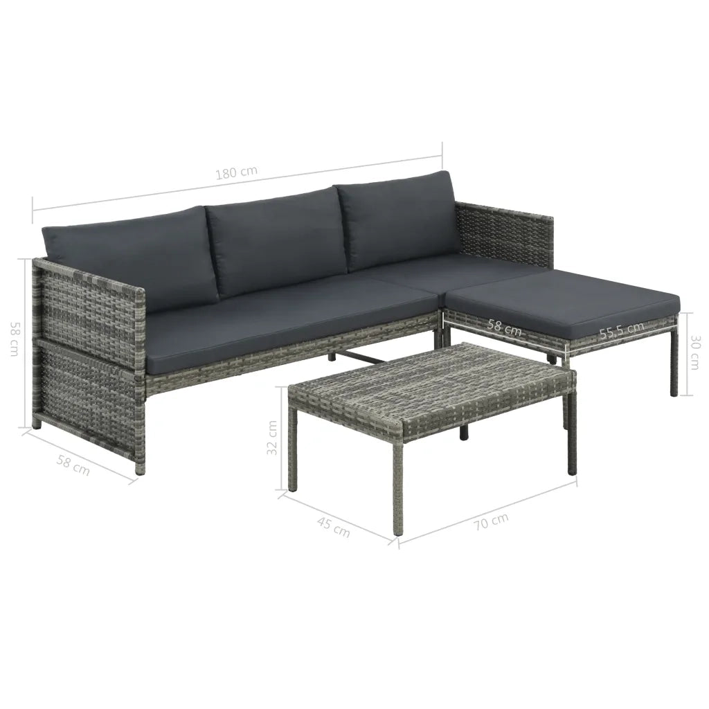 Set Divani da Giardino 3 pz con Cuscini in Polyrattan Grigio cod mxl 42103