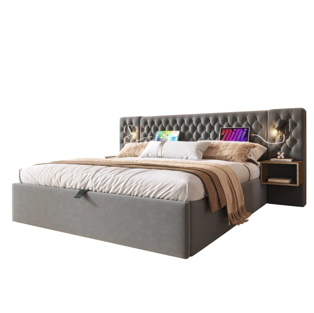 Letto matrimoniale 160x200 cm con contenitore; 2 comodini; luci lettura; USB e Type-C; grigio