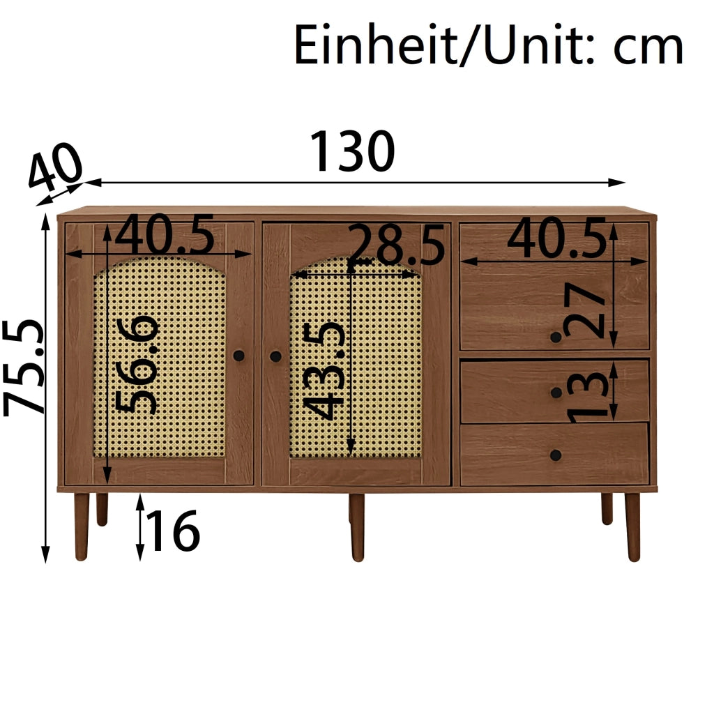 Credenza e Madia con 2 Ante in Rattan; Ripiani Regolabili; Stile Country; in Pannelli di Particelle; Legno; 130×40×75;5 cm