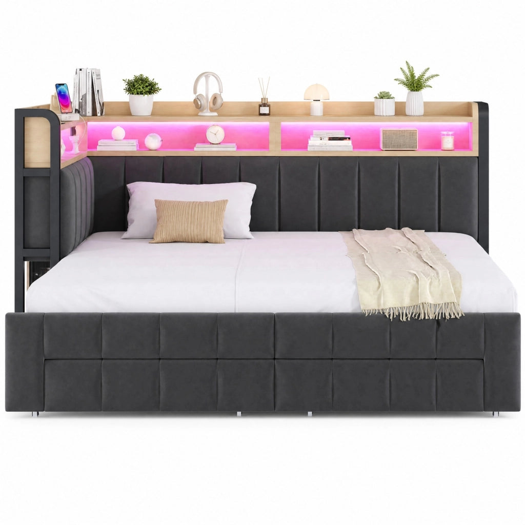 Divano letto imbottito 90x200 trasformabile 180x200, contenitori, cassetti, LED e USB/Type-C