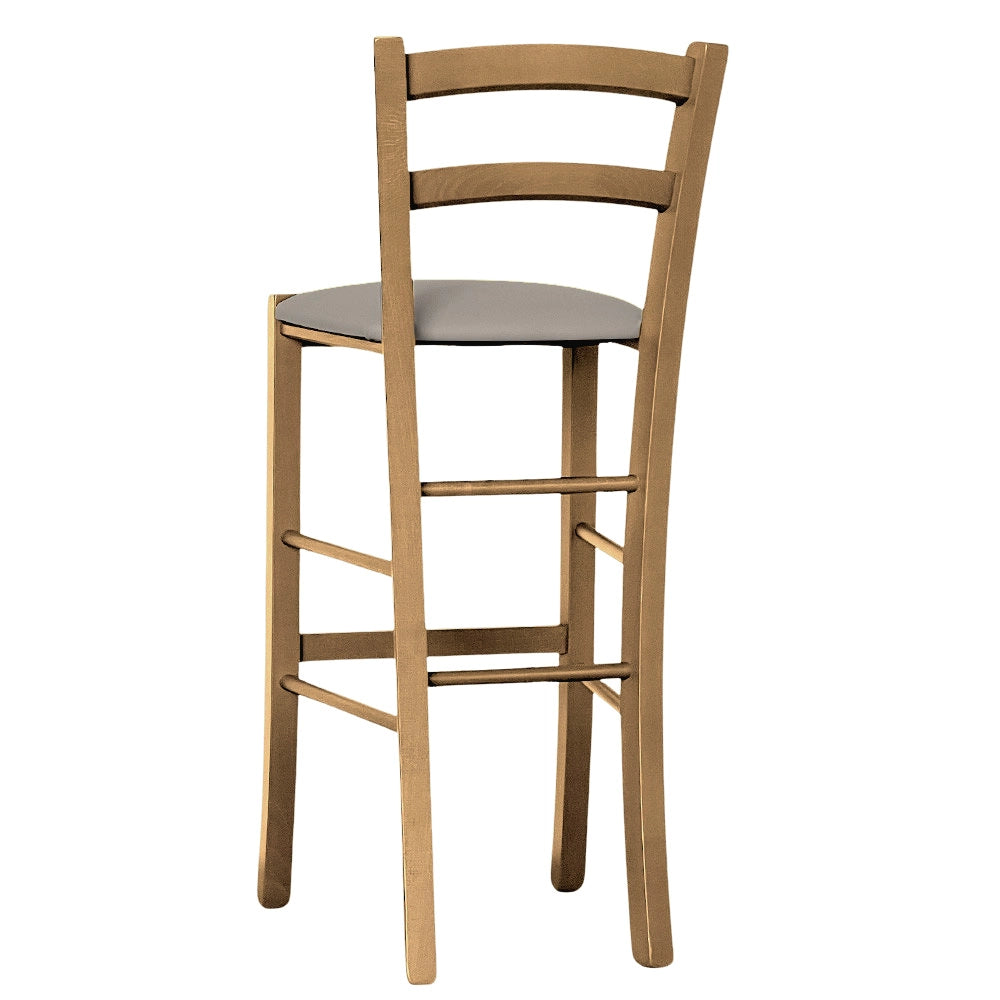 Sgabello in legno noce chiaro h 67 seduta imbottita in similpelle grigio tortora