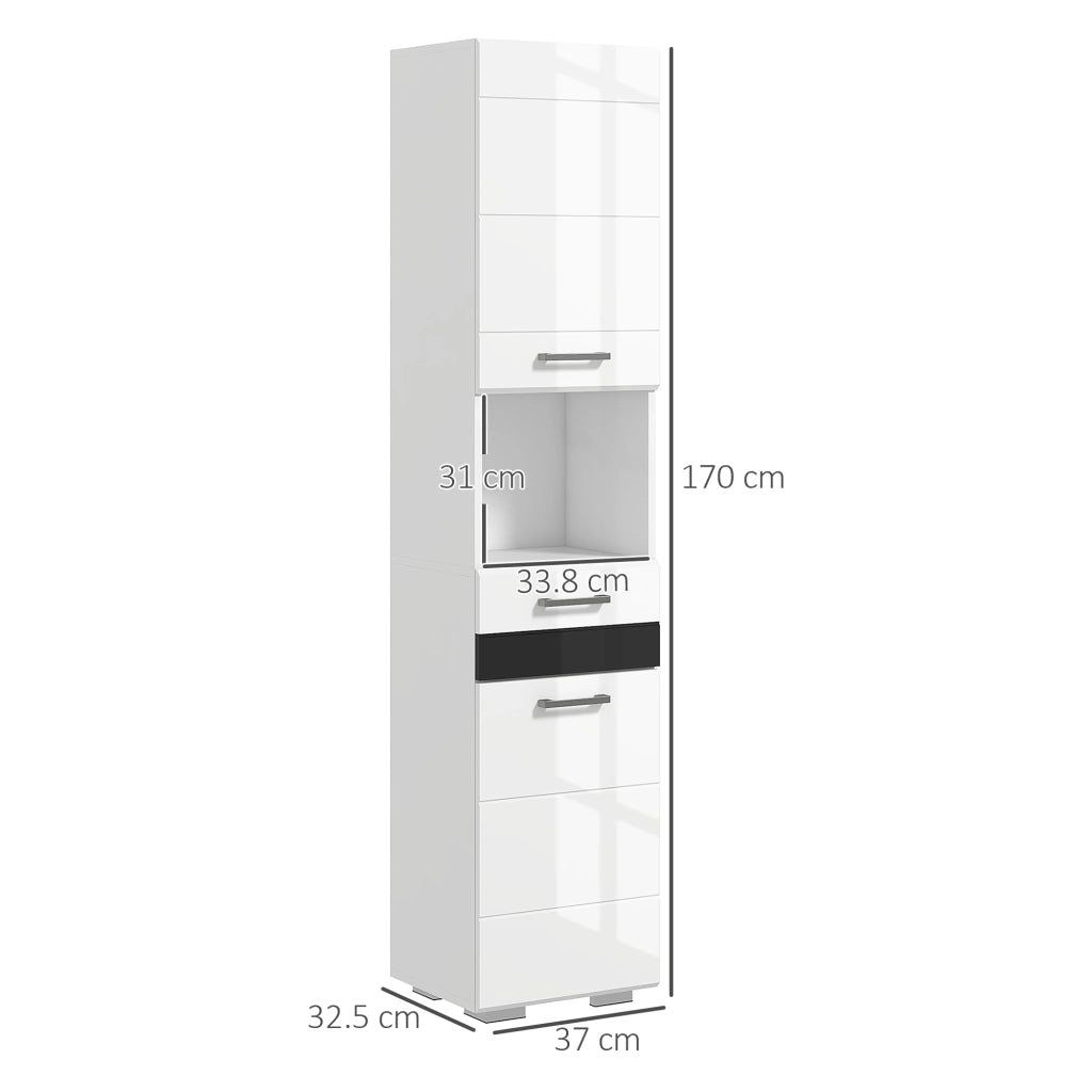 Colonna Bagno in MDF con Ripiano Aperto, Cassetto e Armadietto Chiuso, 37x32.5x170 cm, Bianco