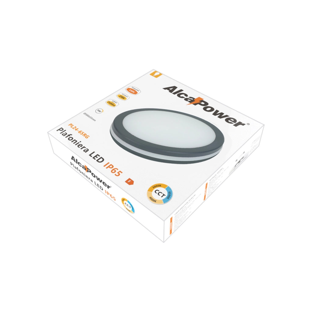 Alcapower Plafoniera LED Rotonda 24W IP54 IK08 CCT Selezionabile 3000K-4000K-6500K 2400lm Grigio, Lampada da Soffitto ad Alta Efficienza Energetica