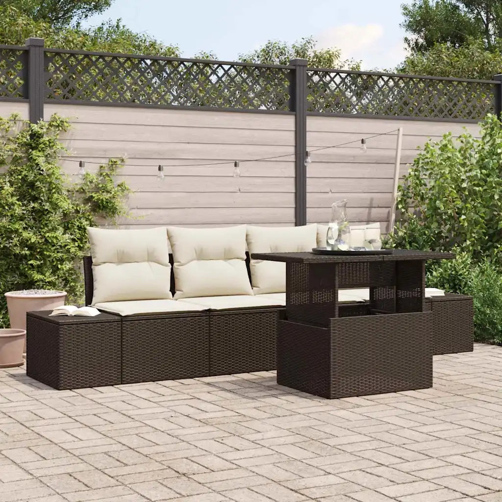Set Divano da Giardino con cuscino 5 pcs Marrone e Crema
