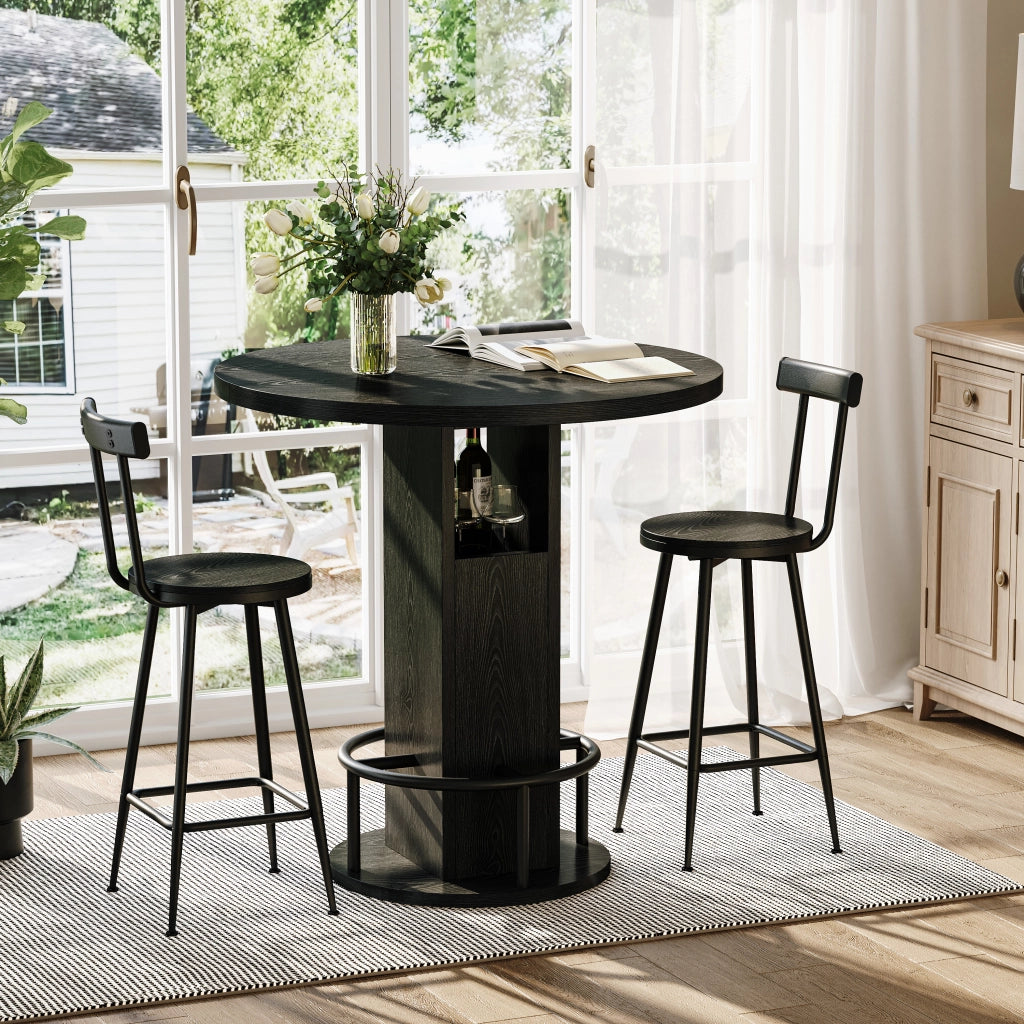 Tavolo da pranzo rotondo con 2 sgabelli e vani contenitore, stile mid-century modern, per cucina e soggiorno, diametro 80 cm