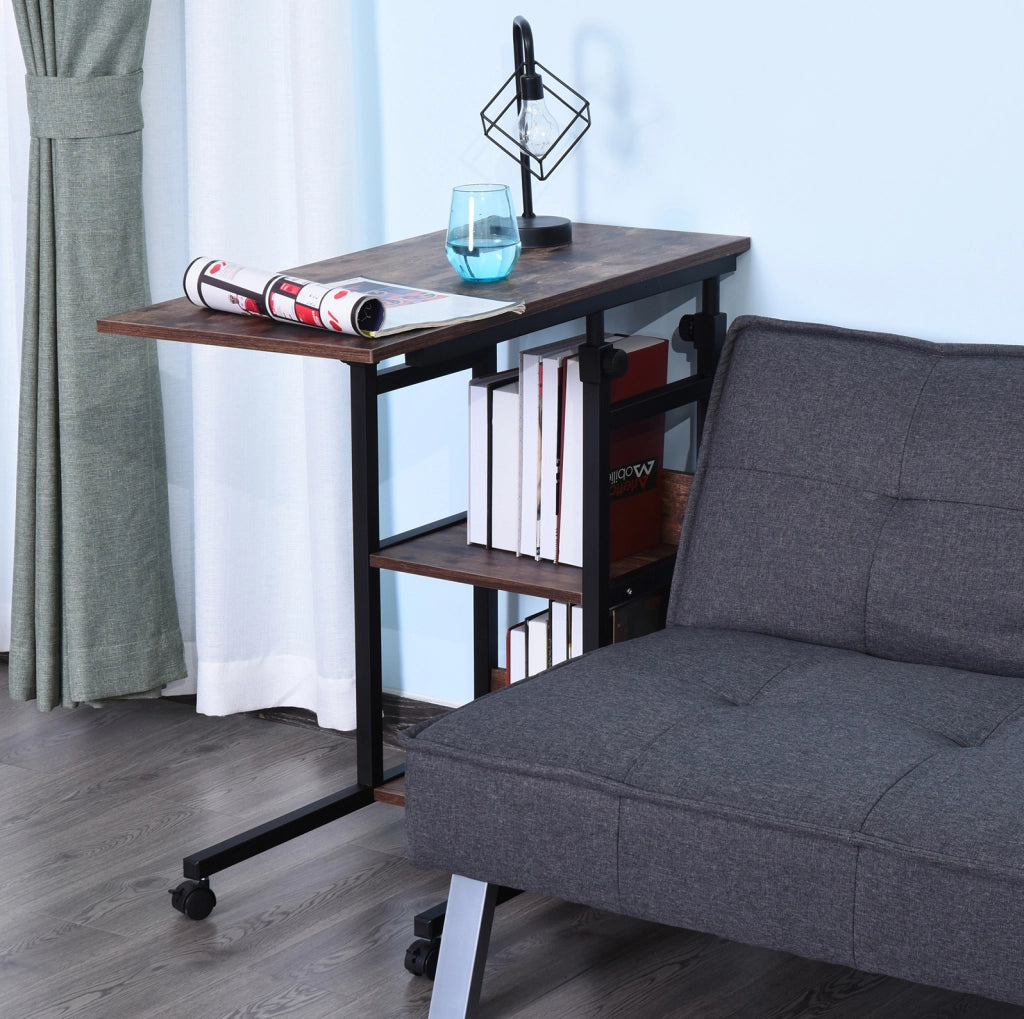 Tavolino con ruote 80x40x72-82 cm regolabile in altezza con 2 ripiani in metallo marrone