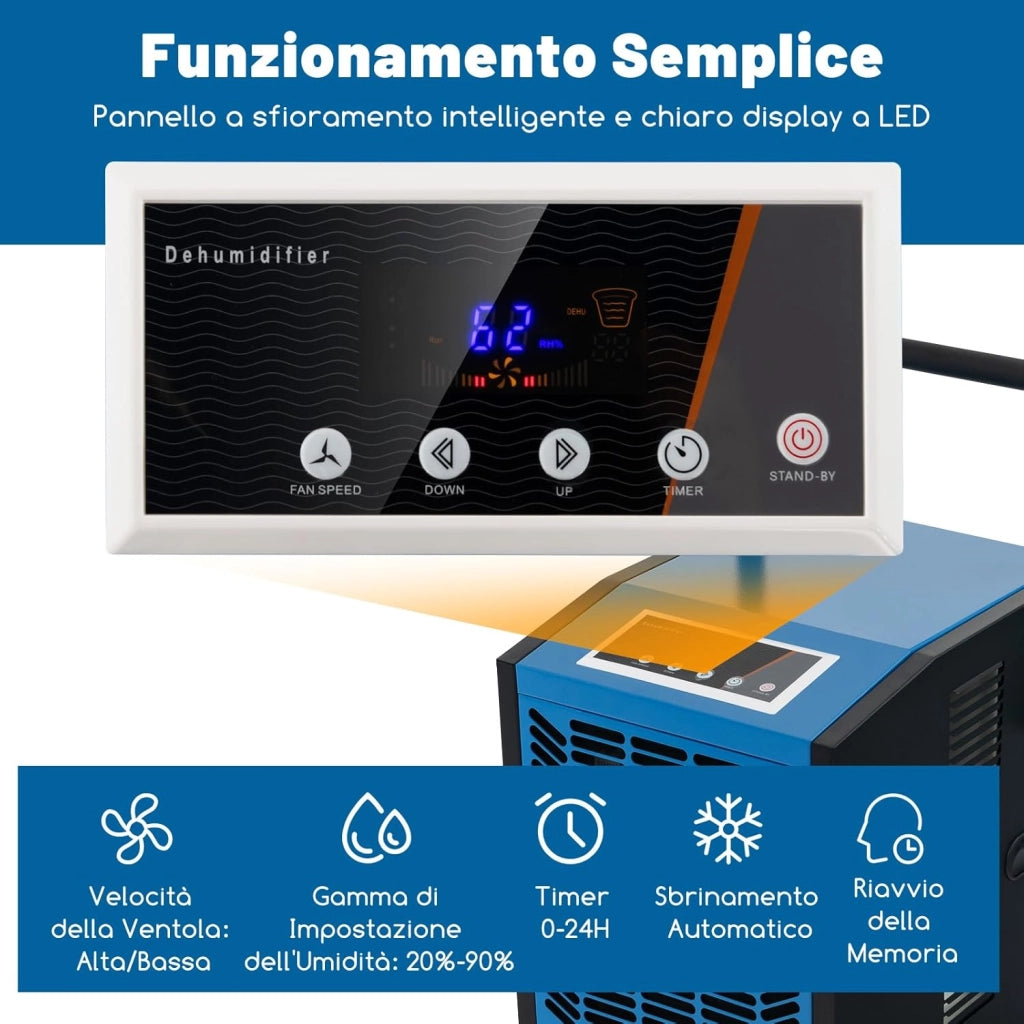 66 L Deumidificatore Commerciale, Deumidificatore con Pompa e Tubo di Drenaggio, Deumidificatore Industriale con Timer 24H e 4 Ruote per Cantina Magazzino (Blu)