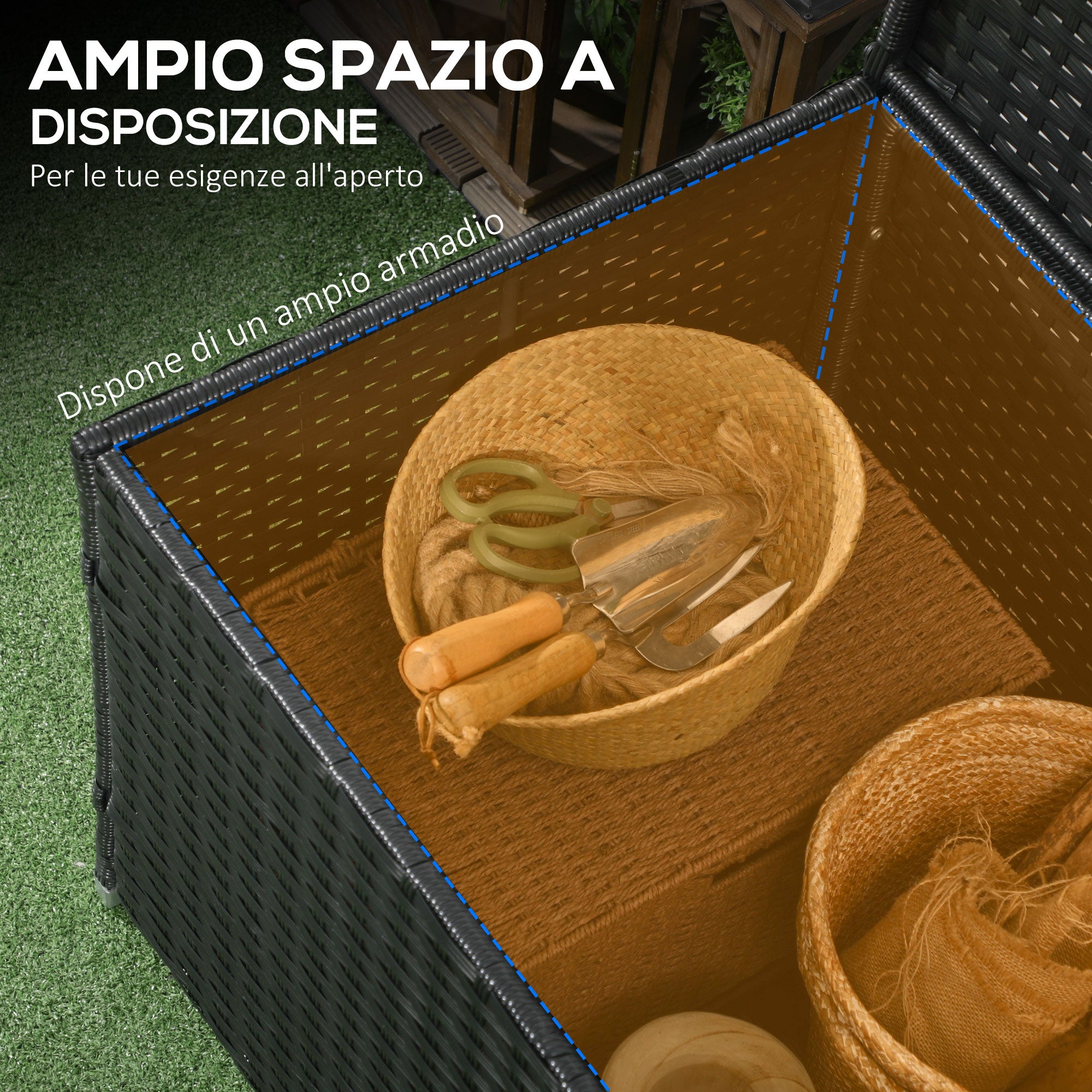 EasyComfort Baule da Giardino in Rattan e Acciaio con Coperchio, 95x60x53cm, Nero