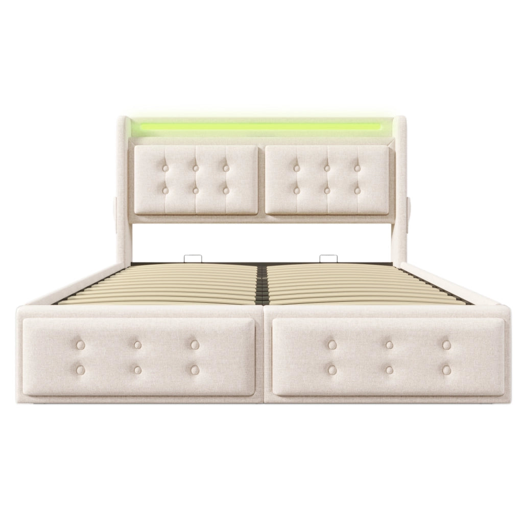 Letti contenitori 160x200 cm con LED e prese; cotone lino; beige (Senza materasso)