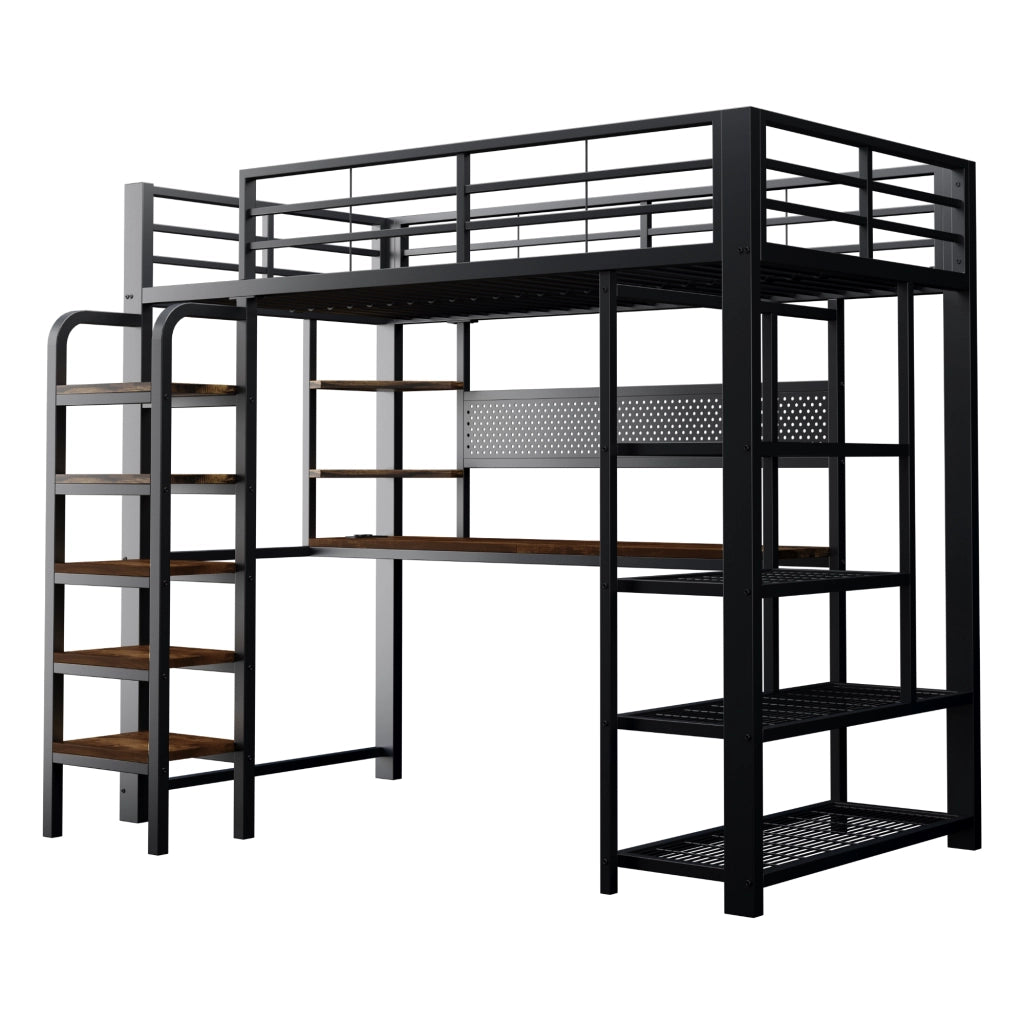 Letto a soppalco singolo 90×200 cm con LED; prese; scrivania; ripiani e pannello forato; senza materasso; nero