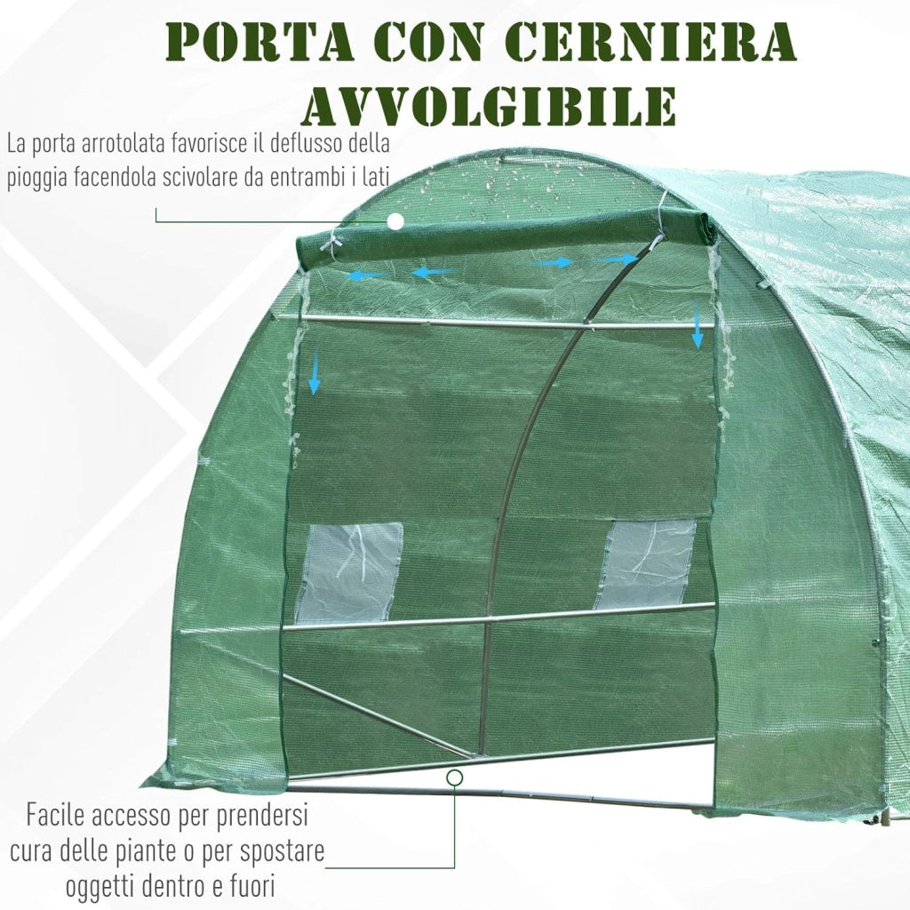 Serra per Piante a Tunnel, Serra per Orto da Esterno con Porta Avvolgibile e 8 Finestre, 6x3x2 m, in Acciaio e PE, Verde