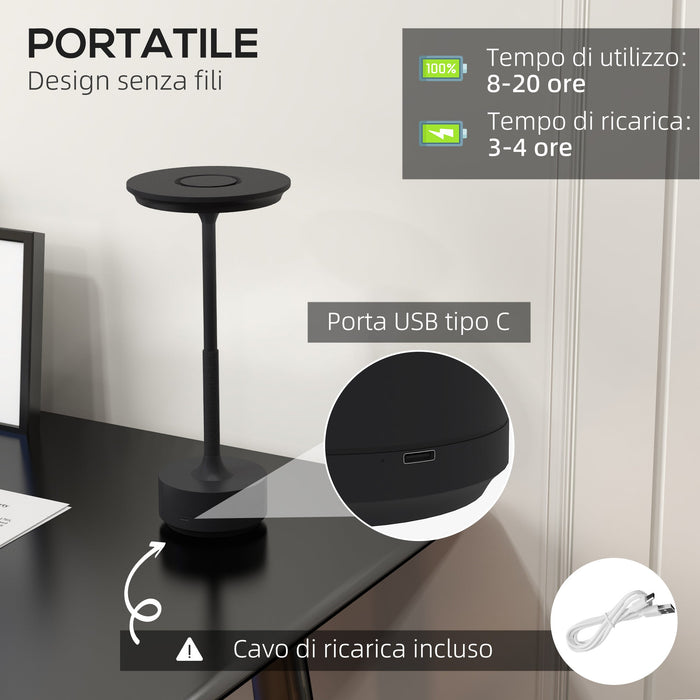Lampada da Tavolo a LED Senza Filo Touch Ø13x28,5 cm Batteria Ricaricabile Nero