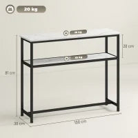 Console da Ingresso Stretta con Superficie Effetto Marmo Mensola Aperta e Struttura in Metallo 100x30x81 cm Bianco
