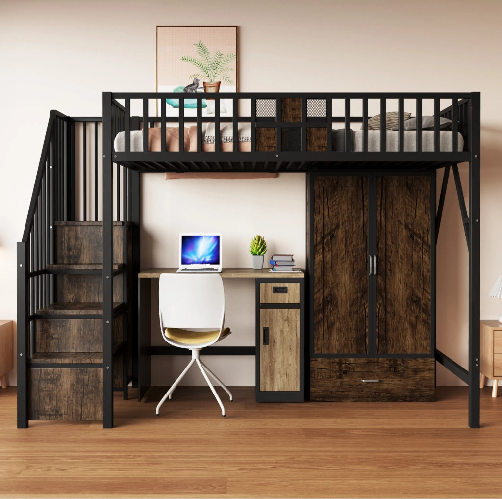 Letto a soppalco 90x200 cm in metallo e legno; nero; con armadio; cassetto e scala contenitore