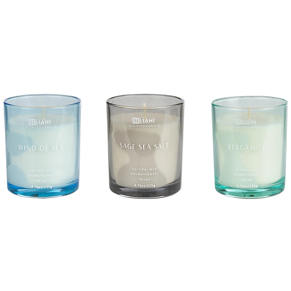 Set di 3 candele profumate multicolore 100% cera di soia stoppino di cotone vetro Naturale Fragranza fresca Bergamotto/Vento di mare/Sale marino