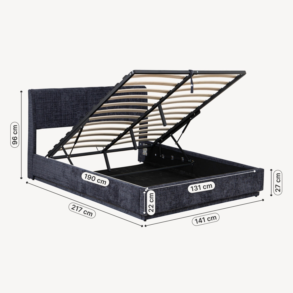 Letto Francese Contenitore Tröstiar con Apertura a Ribalta e Luce LED 140x200 cm - Effetto Lino Blu [en.casa]