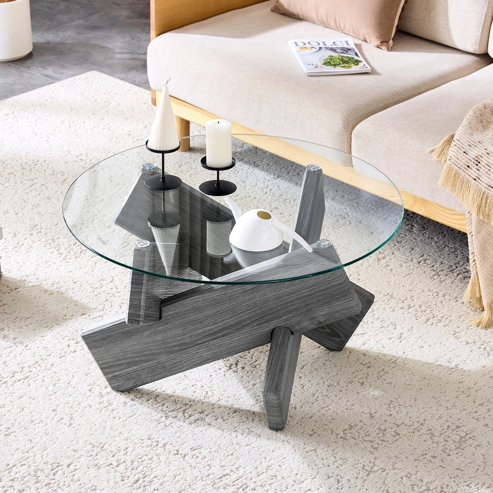 Tavolino da Caff¨¨ Rotondo ¨C MINIMAL ¨C Piano in Vetro Temperato, Gambe MDF Grigio, ?79 cm
