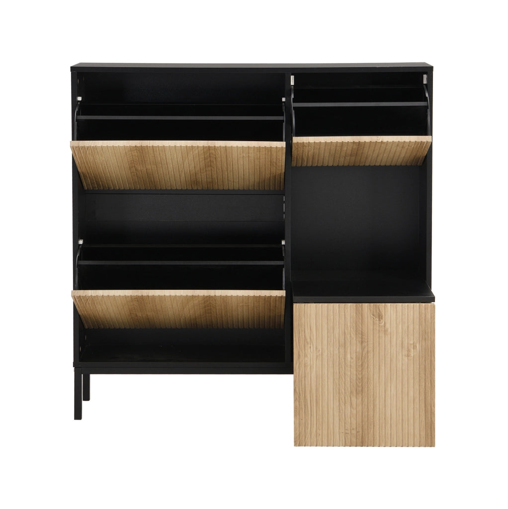 Scarpiera in MDF con panca estraibile; 3 scomparti e vano aperto; 100 x 25 x 100 cm; nero e legno