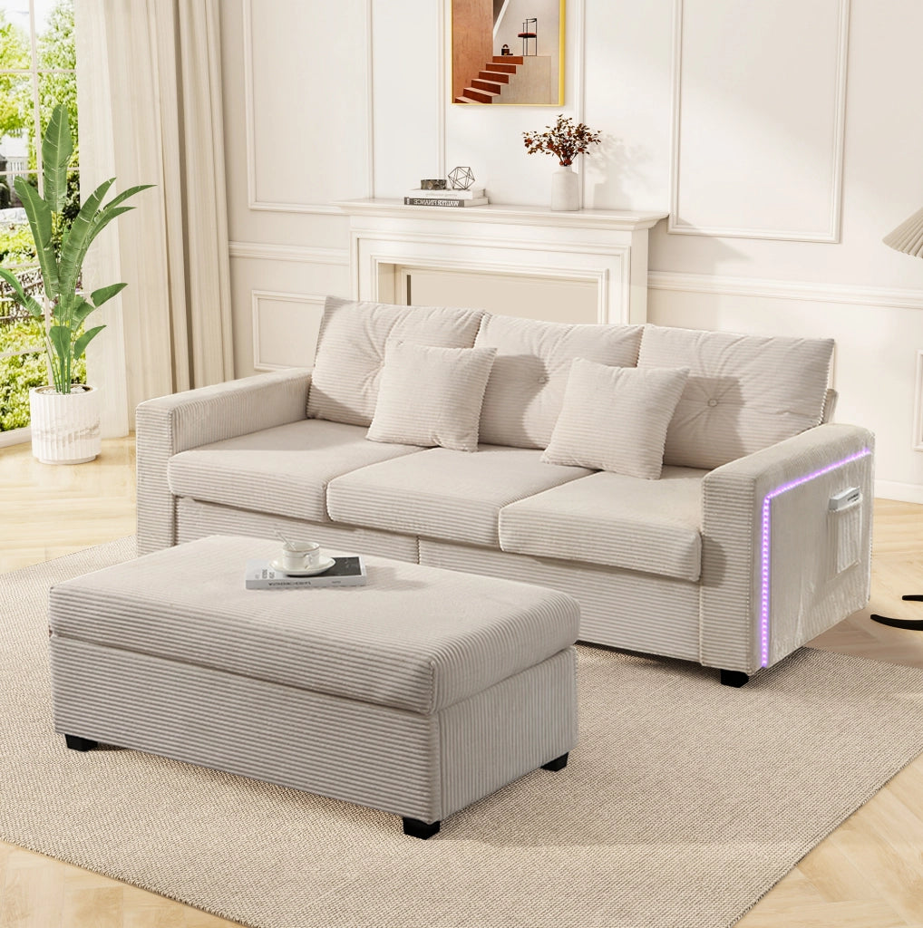 Divano modulare angolare ULEVR beige con LED controllabili tramite app, pouf 98x51 cm e 5 cuscini in velluto a coste
